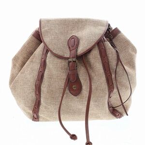 Lucky Brand Burlap Canvas Backpack  Brown Leather Trim and Drawstring Festival